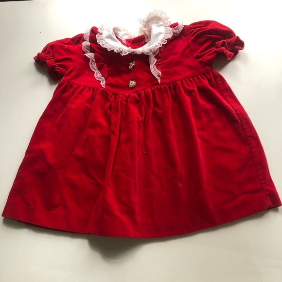 Vintage Red Velvet Baby Dress with Lace Collar - Picture 1 of 8